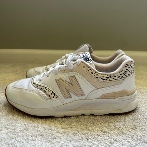 New Balance White and Tan Sneakers with Leopard Accents